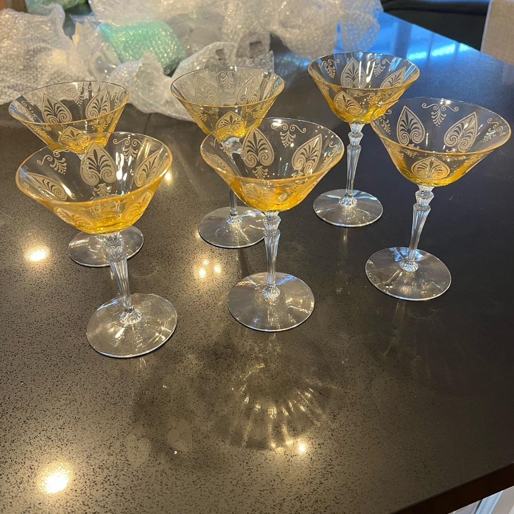 Elegant Amber Etched Glass Goblets